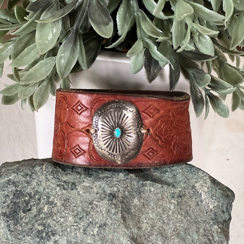 Handmade Sterling Silver Concho Leather Cuff – 7.5” - Picture 2 of 4